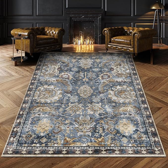 RUGSURE Washable Area Rugs - Perfect for Living Room, Bedroom, Kids Room, Nursery - Stain & Water Resistant Non-Slip, Pet & Child Friendly, Vintage Tribal Area Rugs (Navy, 6' x 9')
