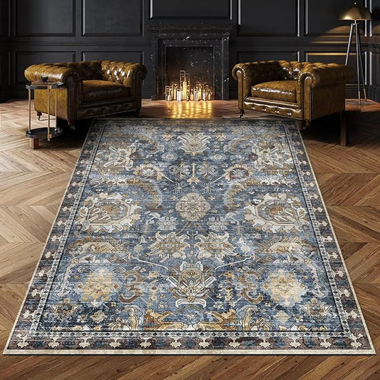 RUGSURE Washable Area Rugs - Perfect for Living Room, Bedroom, Kids Room, Nursery - Stain & Water Resistant Non-Slip, Pet & Child Friendly, Vintage Tribal Area Rugs (Navy, 6' x 9')