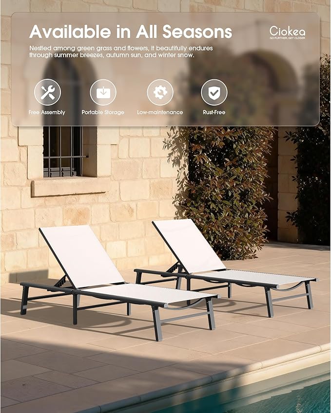 Ciokea Upgraded Aluminum Outdoor Lounge Chair - No Assembly Needed, Foldable Patio Chaise Lounge with 5 Adjustable Positions, Reinforced Frame for Extra Durability, Pool Beach Lounge Chair, White