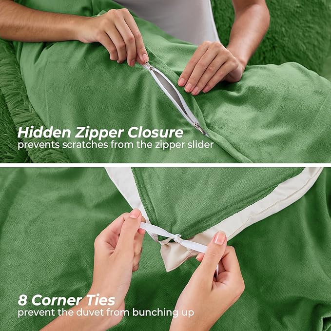 Sasttie 3-Piece Fluffy Duvet Cover Full, Ultra Soft Faux Fur and Velvet Dark Green Comforter Cover, Luxury Fuzzy Bedding Sets for Winter Bed, Includes 1 Duvet Cover and 2 Pillowcases, No Comforter