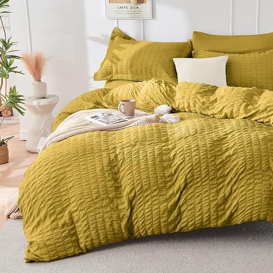HYMOKEGE Mustard Yellow Twin Comforter Set Seersucker 5 Pieces, All Season Luxury Bed in a Bag for Bedroom, Bedding Set with Comforter, Sheets, Pillowcase & Sham