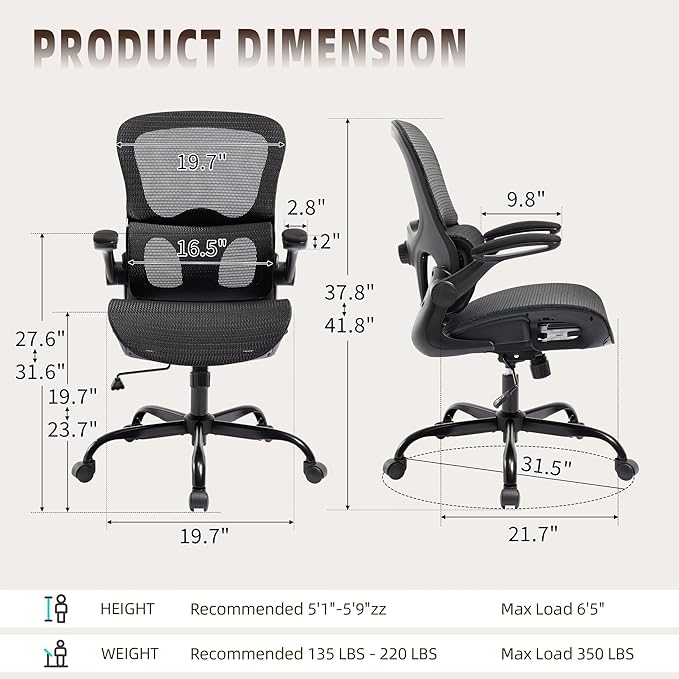 Office Chair, Ergonomic Desk Chair with Adjustable High Back 2D Lumbar Support Flip-up Armrests, Executive Breathable Mesh Comfy Swivel Rolling Computer Task Chair for Home Office Study Work Gaming