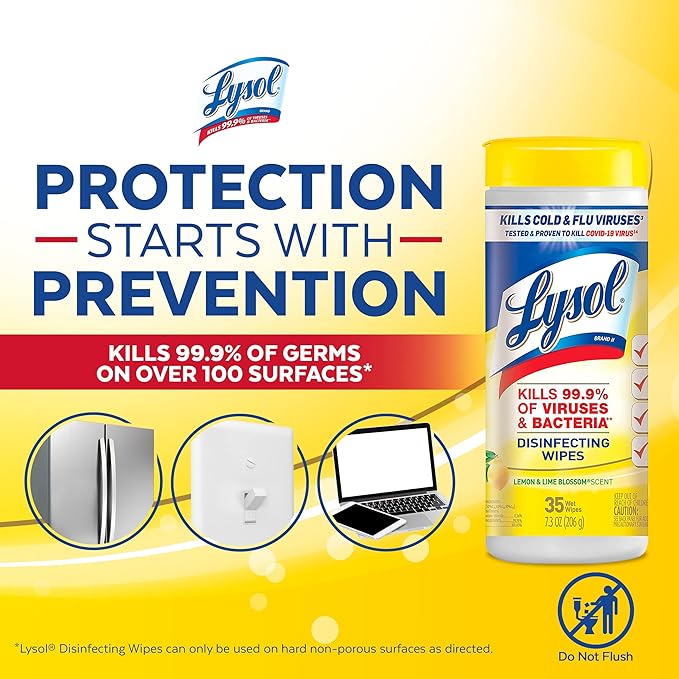 Lysol Disinfectant Wipes, Multi-Surface Antibacterial Cleaning Wipes, Dorm Room Essentials For Disinfecting and Cleaning, Lemon and Lime Blossom, 35 Count (Pack of 3)