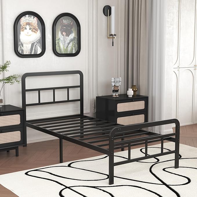 Twin Bed Frames with Headboard and Footboard 14 Inch, Twin Platform Bed Frame with Strong Metal Slats Support, Under-Bed Storage, Noise Free, Easy Assembly, Black