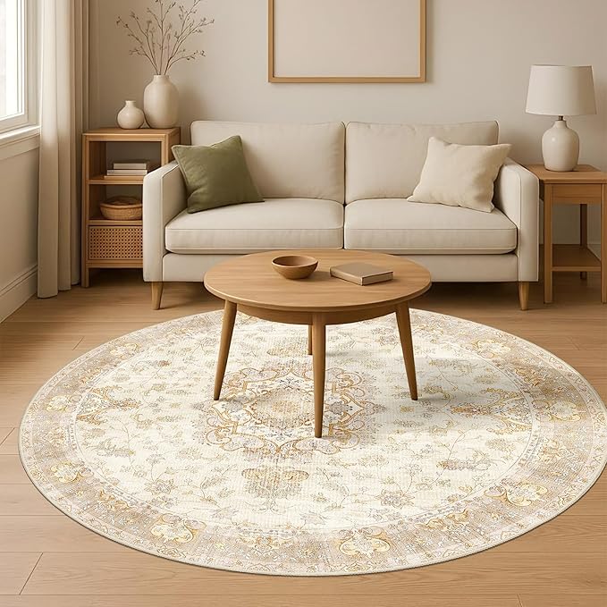 Beige Round Rug 6ft,Large Circle Area Rugs for Living Room Bedroom Dining Room,Washable Boho Vintage Bohemian Distressed Oriental Floral Carpet Non Slip,Retro Gold Floral