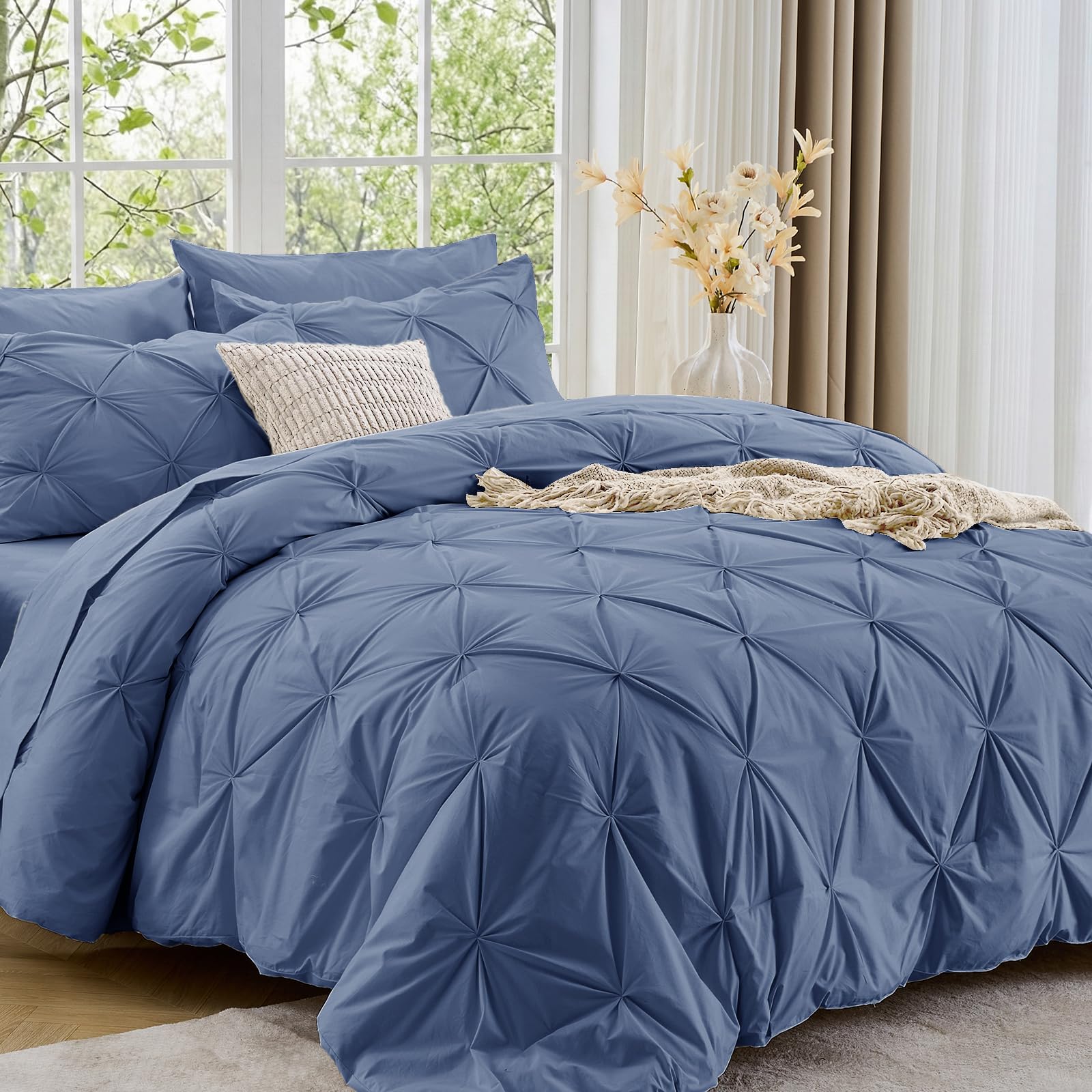 Sasttie Twin XL Comforter Set, 5-Piece Bed in a Bag, Pintuck Bedding Sets for All Season, Includes Comforter, Flat Sheet, Fitted Sheet, Pillowcase and Pillowsham, Beige