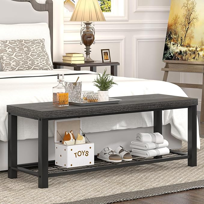 FOLUBAN Shoe Storage Bench, Modern Entryway Bench with Metal Shelf, Industrial Indoor Shoe Bench Seat for Bedroom, Hallway, Living Room, Dark Gray, 47 Inch