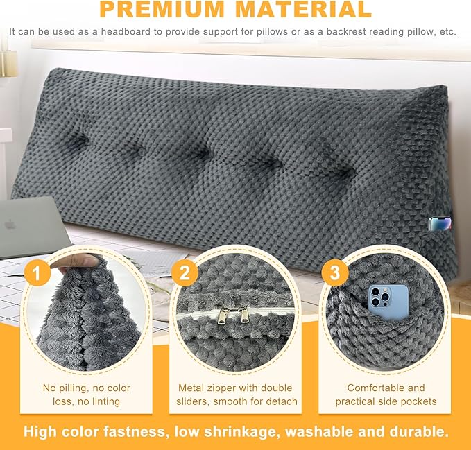 Large Triangular Headboard Wedge Pillow Soft and Supportive Headboard Backrest Positioning Support Bolster Cushion, Bed Wedge Pillow with Removable Cover(Dark Gray,Twin,39x8x20inch)