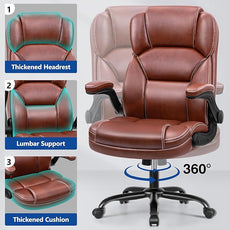 PU Leather Executive Office Chair, Ergonomic Mid-Back Computer & Gaming Chair with Adjustable Height, Rolling Swivel & Flip-Up Armrests, Comfy Padded Seat for Home Office-Brown