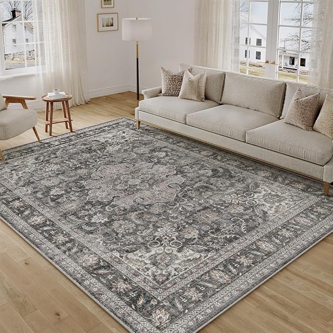 6x9 Washable Vintage Area Rug Black Grey Living Room Bedroom Carpet Non-Slip Soft Low Pile Distressed Indoor Throw Rug for Dining Room Entryway Office