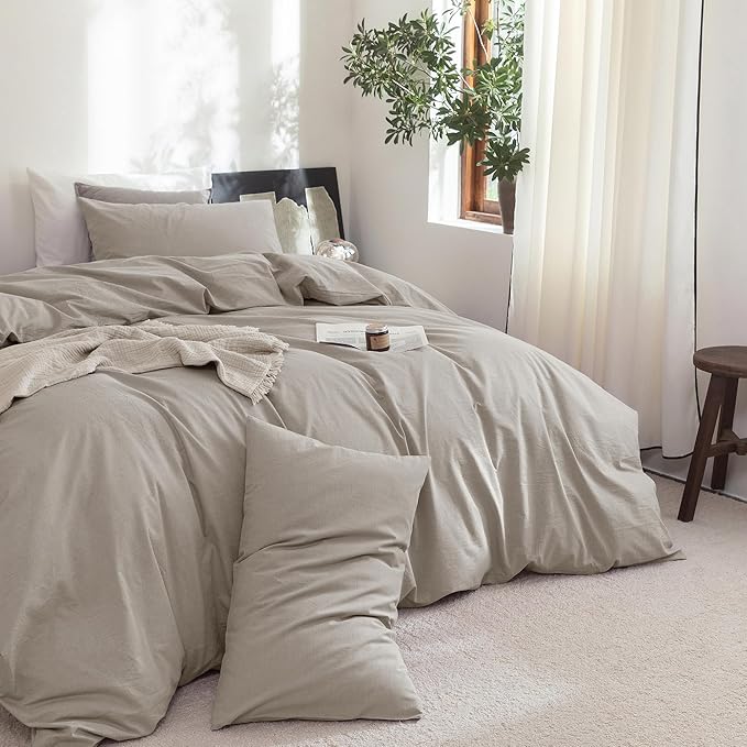 FOSSA Duvet Cover Set 100% Washed Cotton Linen Feel Super Soft Breathable Cozy 3 Pieces Bedding Sets Solid Cream Grey California King