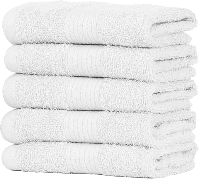 Ample Decor Washcloths Pack of 5 12 X 12 Inch, 600 GSM 100% Cotton Soft Absorbent, Premium Quality Durable Ideal for Bathroom, Pool, Hotel, Spa - White