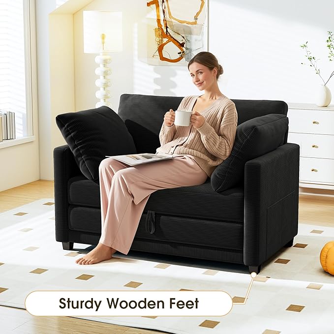 51" Convertible Loveseat Sofa Bed, 2-in-1 Folding Sofa Bed with 2 Pillow for Small Spaces, Modern Loveseat Sleeper Couch for Apartment, Living Room & Guest Room (Black Corduroy, 51 inch)