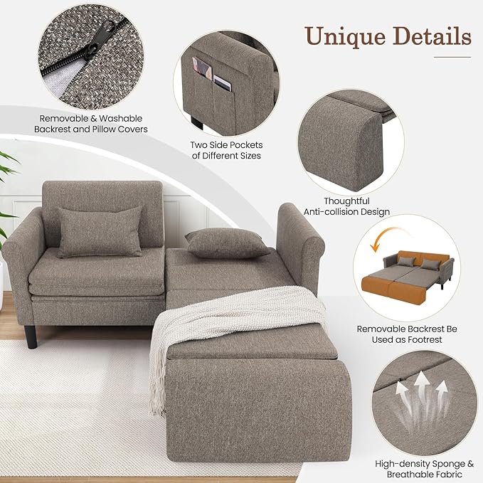 SEJOV 74" Convertible Sofa Bed, 5-in-1 Loveseat Sleeper Sofas with Pull Out Couch Bed, Storage Pockets & 2 Pillows, Modern Folding Linen Futon Couch for Living Room, Bedroom, Small Space, Brown