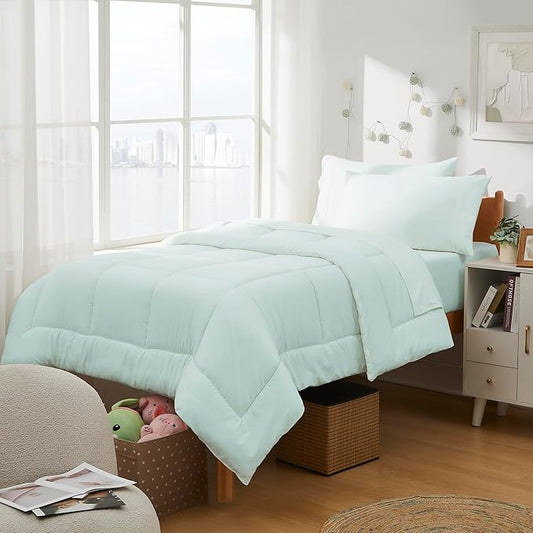 Dorm Room Essentials College Bedding Comforter Set 5 Piece Twin Size Bed in a Bag for College Students Boys and Girls, Twin, Mint