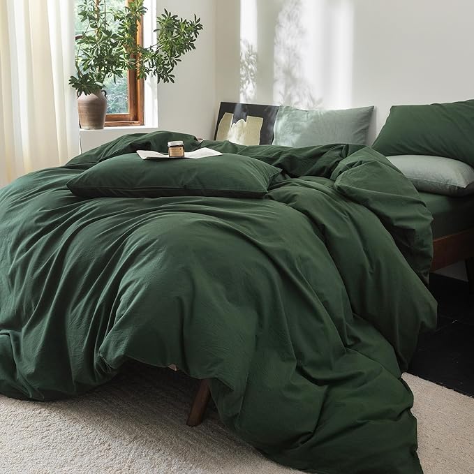 FOSSA Duvet Cover Set 100% Washed Cotton Linen Feel Super Soft Breathable Cozy 3 Pieces Bedding Sets Solid Forest Green Full/Double