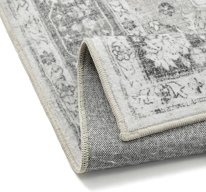 Gray 5x7 Area Rug Washable Vintage Living Room Carpet Non Slip Retro Distressed Low Pile Soft Oriental Medallion Thin Grey Throw Rug for Kitchen Bathroom Office Bedroom Dining Room