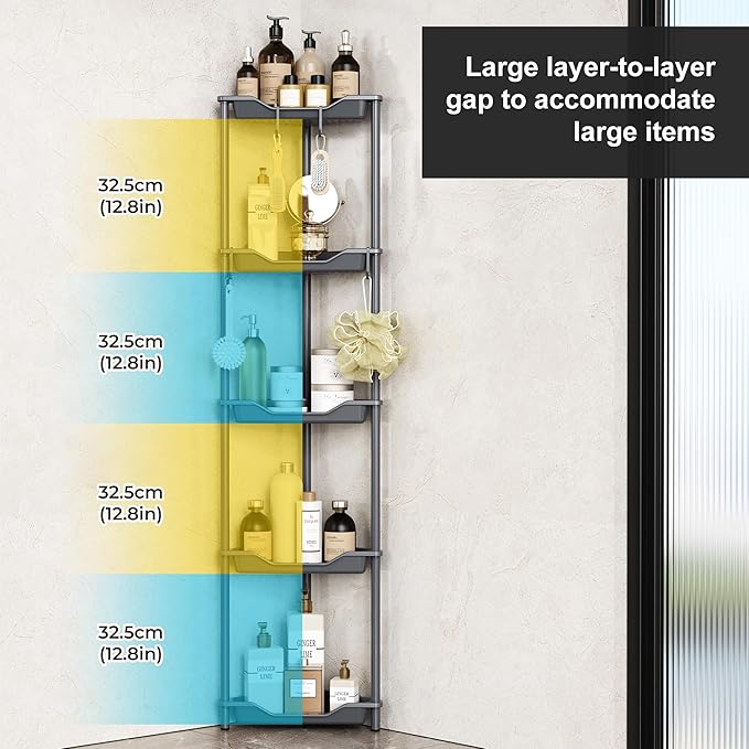 Orimade Rustproof 5 Tier Floor Standing Corner Shower Caddy Organizer, Plastic Metal Splicing Floor Corner Shelf Rack Stands for Bathroom, Grey