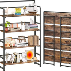 4NM No Assembly Extra Wide 4 Tiers Folding Bookshelf Storage Shelves Vintage Bookcase Standing Racks Study Organizer Home Office (Rustic Brown Black)