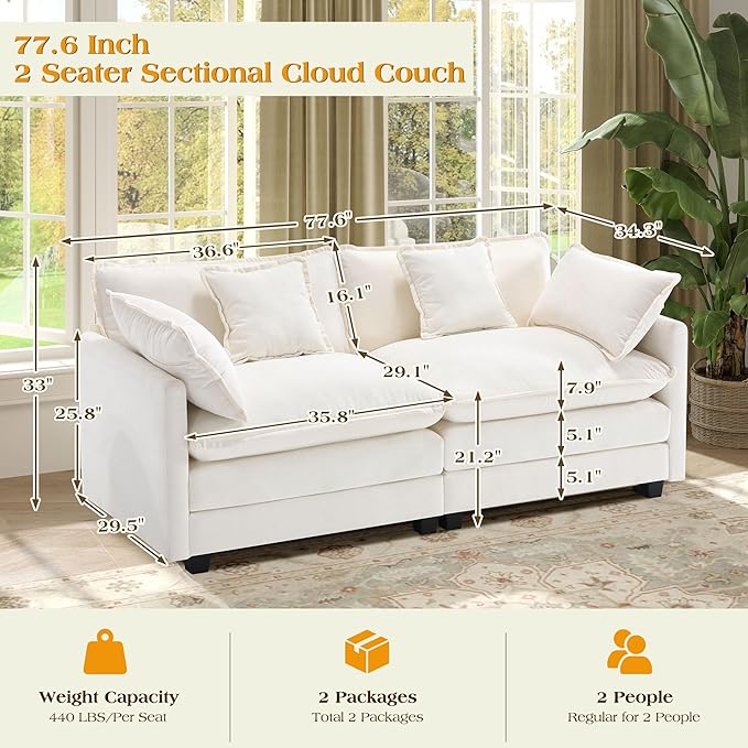 77.6" Modular Sectional Sofa,Loveseat Couch for Living Room, Modern Deep Seat Sofa 2 Seater Chenille Fabric Comfy Cloud Couches with Throw Pillows for Apartment,Small Spaces