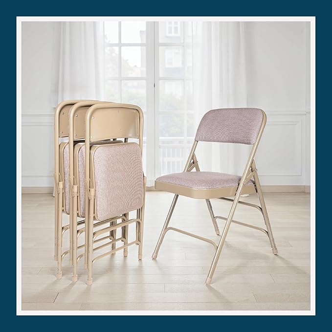 OEF Furnishings OEF2300 Series Heavy-Duty Premium Fabric Padded Upholstery Double-Hinged Triple-Braced Folding Chairs (4-Pack, French Beige)