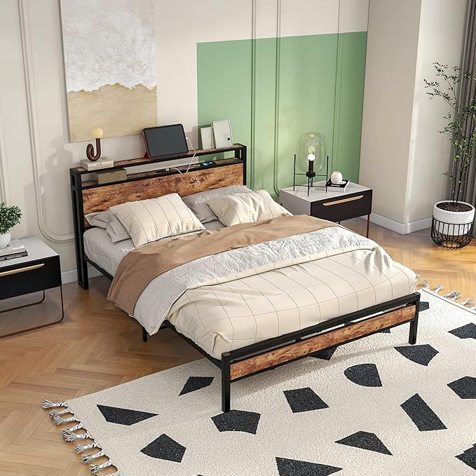 HOJINLINERO Queen Bed Frame with Storage Headboard/Charging Station,Metal Queen Size Bed Frame with Power Outlets/USB Ports No Box Spring Needed,Under Bed Storage,Easy Assembly,Rustic Brown