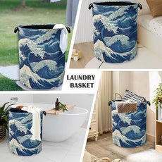 Ocean Wave Laundry Basket,Japanese Foldable Oxford Cloth Tote Bag Laundry Hamper Clothes Storage Bucket Organizer for Bedroom Laundry Storage Dormitories 16