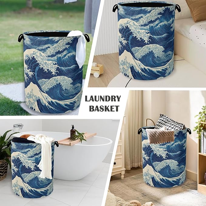 Ocean Wave Laundry Basket,Japanese Foldable Oxford Cloth Tote Bag Laundry Hamper Clothes Storage Bucket Organizer for Bedroom Laundry Storage Dormitories 16" x 20.8"