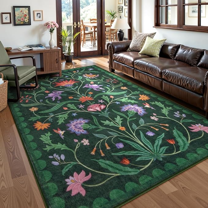 Lahome Boho Floral Washable Green 6x9 Area Rugs for Living Room, Non Slip Rugs for Bedroom, Indoor Throw Dining Room Carpet for Under Table Home Office Playroom (Forest Green,6x9ft)