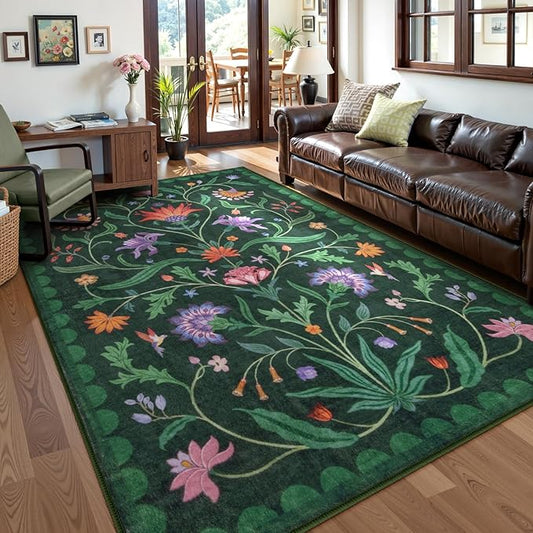 Lahome Boho Floral Washable Green 6x9 Area Rugs for Living Room, Non Slip Rugs for Bedroom, Indoor Throw Dining Room Carpet for Under Table Home Office Playroom (Forest Green,6x9ft)