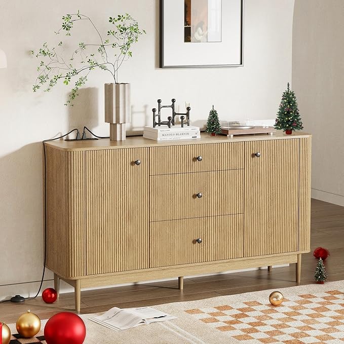 59" Sideboard Buffet Cabinet with Storage, Modern Fluted Accent Credenza with Charging Station, Wood Mid Century Buffet Table Coffee Bar Console Table with 3 Drawers & 2 Doors for Kitchen, Entryway