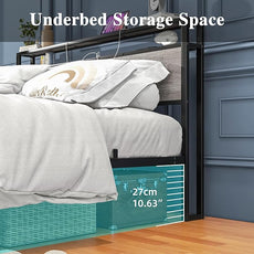 HOJINLINERO Queen Bed Frame with Storage Headboard/Power Outlets/USB Ports Charging Station,Metal Bed Frame Queen Size No Box Spring Needed,Under Bed Storage,Easy Assembly,Warm Grey