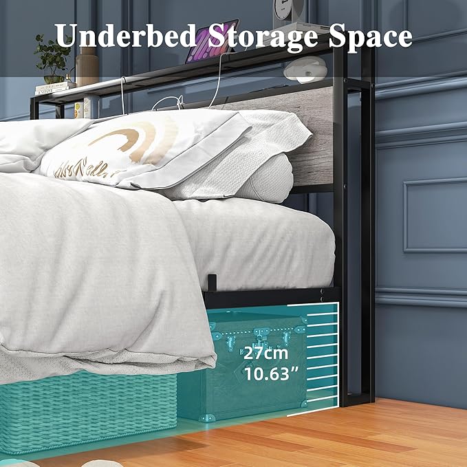 HOJINLINERO Queen Bed Frame with Storage Headboard/Power Outlets/USB Ports Charging Station,Metal Bed Frame Queen Size No Box Spring Needed,Under Bed Storage,Easy Assembly,Warm Grey