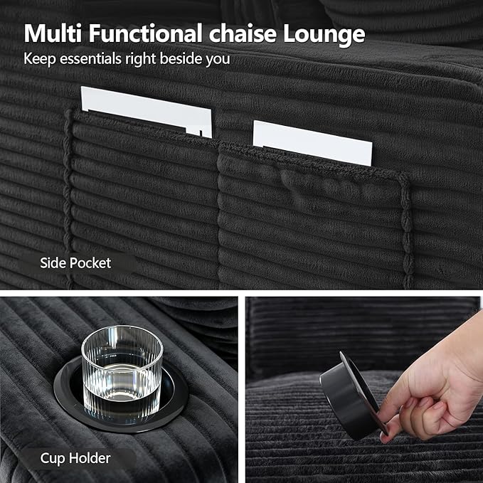 67" Oversized Chaise Lounge Chair Indoor, Soft Boneless Cloud Couch with 3 Pillows, 4 Side Pockets and 2 Cup Holders, Comfy Corduroy Sleeper Couch for Living Room Bedroom, Black