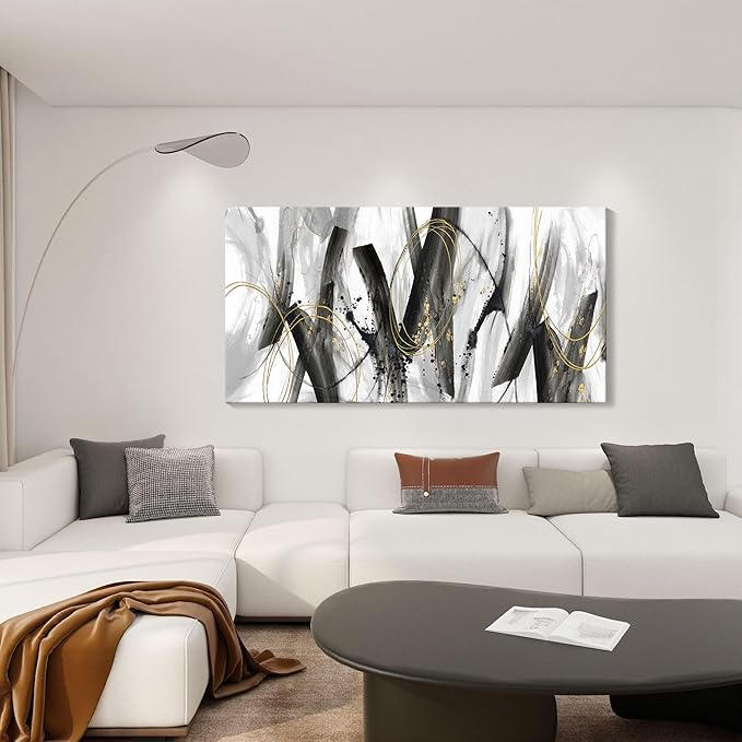 AJAZIKO Abstract Wall Art for Living Room - Large, Black and Gold Wall Art Decor, Office Pictures, Modern Artwork Paintings, Black and White Wall Decor - Ideal for Bedroom and Office Decorations