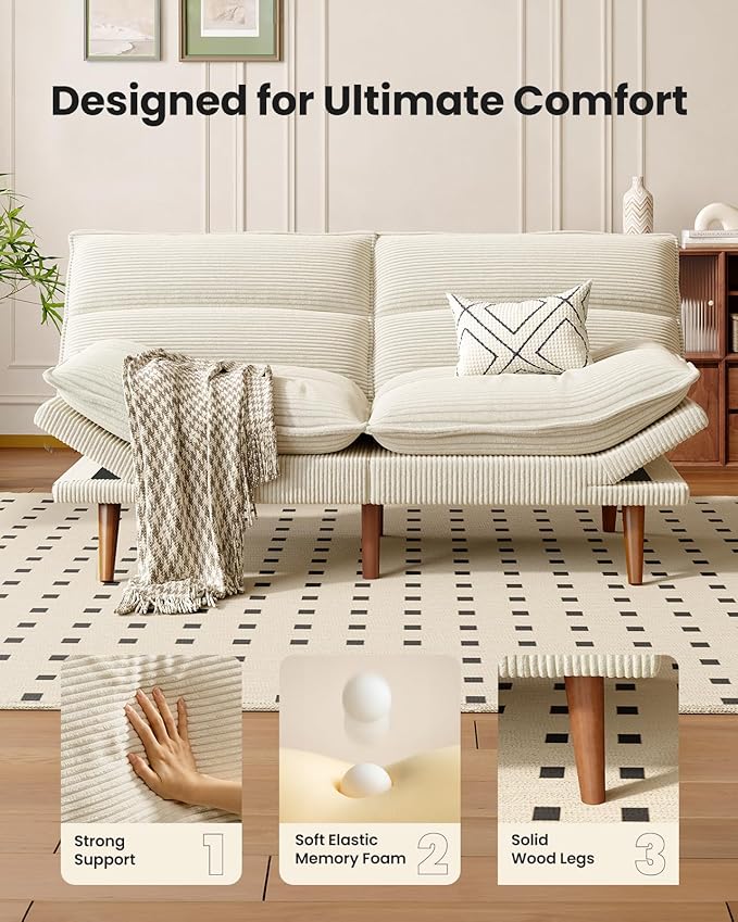 Amada Convertible Futon Sofa Bed - Corduroy Loveseat with Adjustable Backrest & Armrests, Thickened Seat Cushion, Small Space Sleeper Couch for Apartment, Study Room & Office（Off-White，66 Inch ）