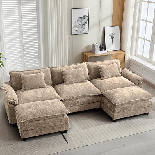 120" Modular Sectional Sofa, Comfy Cloud Couch Sectional Sofa with Ottoman, Chenille Sofa Sleeper Deep Seat Sofa with Throw Pillows for Living Room (Khaki, 120"- U Shape)
