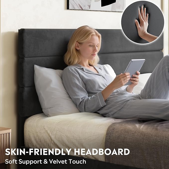 WLIVE Queen Size Upholstered Bed Frame with 4 Storage Drawers and Headboard, Velvet Platform Bedframe, Sturdy Metal & Wooden Slats Support, No Box Spring Needed, Easy Assembly, Black