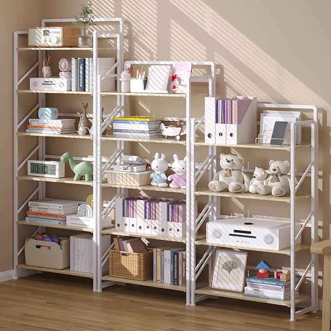 JSB No Assembly Folding Bookshelf, 6 Tier Industrial Metal Book Shelf for Storage, Vintage Wood Foldable Bookcase for Living Room, Bedroom, Office Organization Shelves