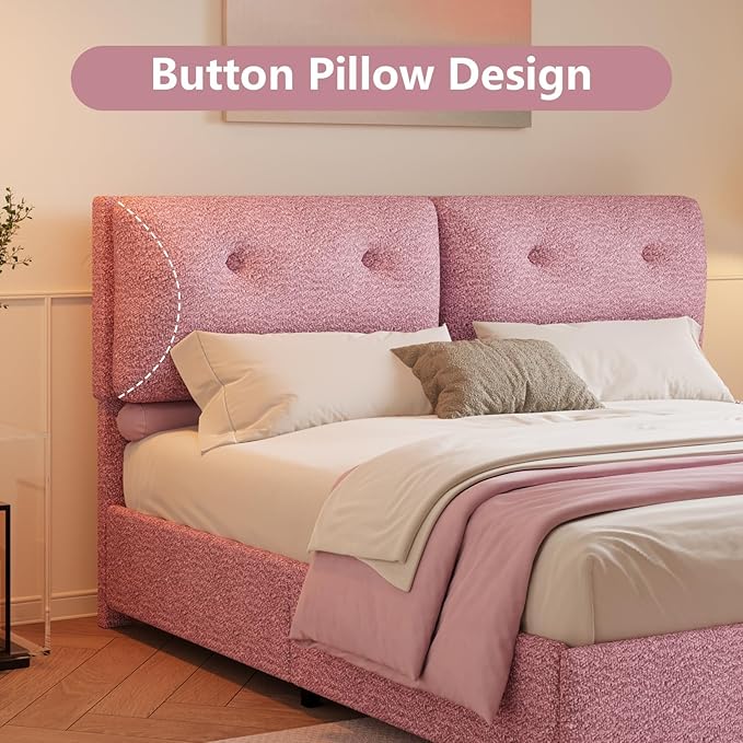 Boucle Upholstered Bed Frame King Size, Low Platform Bed King, Modern Soft Style, Adjustable Headboard, No Box Spring Needed, Easy Assembly, Pink
