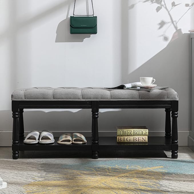 chairus Storage Bench 45.5 "W Extra-Long Button Tufted Entryway Bench with Wood Shoes Rack End of Bed Bench with Fabric Linen Upholstered Rectangular Seat for Bedroom Hallway Living Room Window, Grey