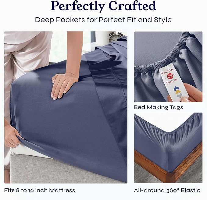 California Design Den Natural 100% Cotton Sheets for Queen Size Bed - Soft 400 Thread Count Sateen, Deep Pockets with All Around Elastic for a Snug Fit, Durable Bedding - Indigo Dusty Blue CaliforniaDesignDen