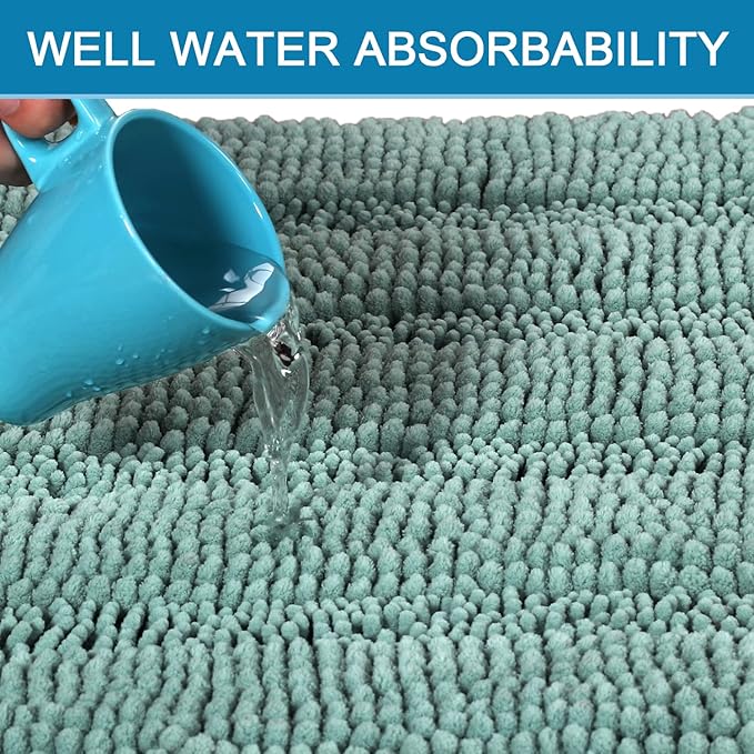 H.VERSAILTEX Bath Rugs for Bathroom Non Slip Bath Mats Extra Thick Chenille Striped Rug 20" x 32" Absorbent Non Skid Fluffy Soft Shaggy Washable Plush Mat for Indoor, Bath Room, Tub - Eggshell Blue