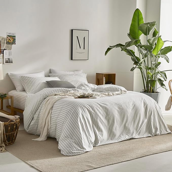 JELLYMONI Striped Duvet Cover Set - Twin Size 100% Cotton - 2PCS White & Grey Vertical Stripes Bedding - Hidden Zipper Closure & 8 Corner Ties - Breathable Comforter Cover for Bedroom