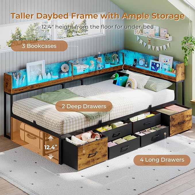 VIAGDO Corner Bed Frame with Storage Bookcase and 6 Drawers, Twin XL Metal Platform Corner Bed Frame with LED Lights and Charging Station, Twin XL Daybed for Kids Teenagers, Rustic Brown & Black