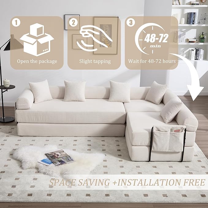 106" Oversized Convertible Sleeper Sofa Bed, Corduroy L Shape Sectional Couch, Folding Sofa Bed with Side Pocket, Modern Cloud Floor Mattress Couch, Modular Sofa for Living Room, Beige