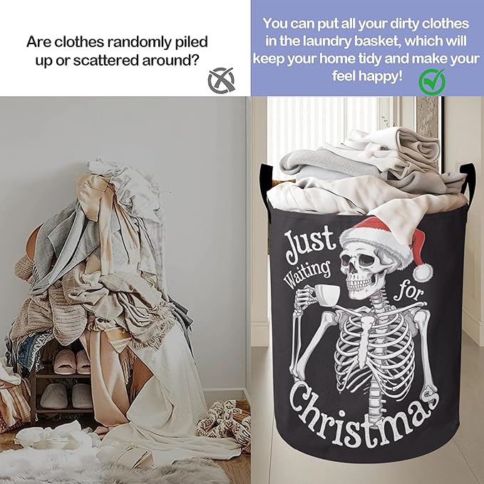 Christmas Laundry Basket-Funny Skeleton Large Foldable Hamper Holder Portable Tall Collapsible Laundry Hamper Storage Basket Bin with Handles, Canvas & Waterproof lining for Household Items