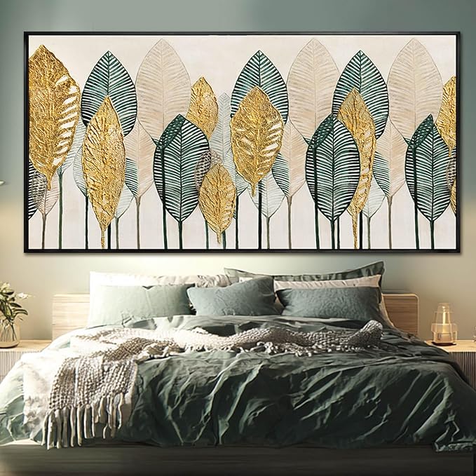Contemporary Framed Wall Art Green and Gold Wall Decor Leaves Wall Prints Line Wall Posters 29"x58" Living Room Decorations Kitchen Art