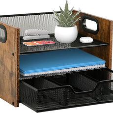 Wood Desk Organizer - 3-Tier Desktop File Organizer with Drawer, Wooden Paper Tray, Office Desk Organzier and Accessories for Papers, Mail, Notebooks, Stationery