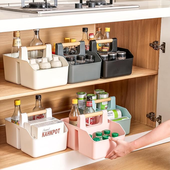 rejomiik Portable Shower Caddy Basket with Bamboo Handle, Plastic Cleaning Caddy Bathroom Organizer Tote for College Dorm Essentials, Bath Toy Storage, Cream